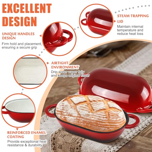 5 QT Enameled Cast Iron Sourdough Bread Oven, Loaf Pan with Lid - color: Red, size: 5 QT