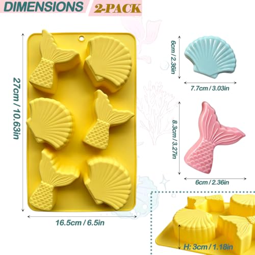 Large Mermaid Tail Silicone Molds for Baking, 2-Pack Seashell Chocolate Candy Molds Shell Shape Mold for Soap, Ice Cube Desserts and Scented Candle,Cake Decor DIY Crafts