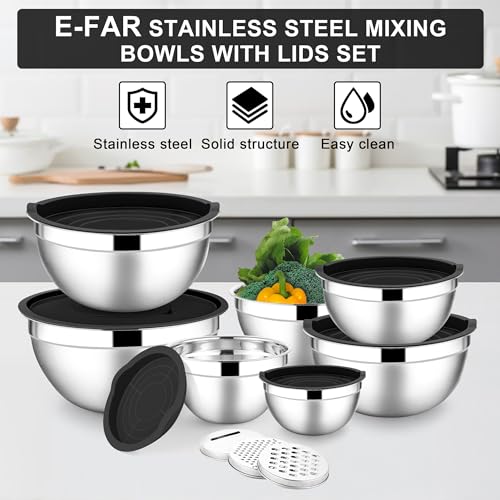 E-far Stainless Steel Mixing Bowls, 7PCS Mixing Bowls with Airtight Lids - color: Black, size: 7 Regular Sizes
