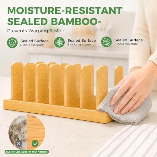 Premium Bamboo Pot Lid and Pan Organizer Rack for Kitchen Cabinets & Drawers – Adjustable Expandable Cookware Divider for Heavy Cast Iron, Baking Sheets & Plates – Scratch-Free Moisture-Resistant Wood