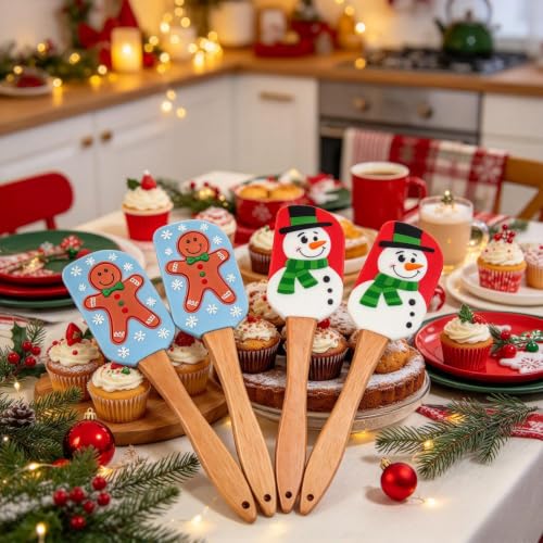 4 PCS Christmas Silicone Spatula Set with Wooden Handle for Baking - size: 4PCS Christmas