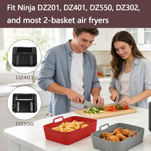 Golden Associate Silicone Liners Rectangle 2 Pcs for Air Fryer Dual Basket 8 to 10 Qt, Food-grade Reusable Baking Tray Fit Ninja DZ201 DZ401 DZ550, 4 to 5 Qt Each, Airfryer Accessories Grey - size: 8.5x5.5''dual