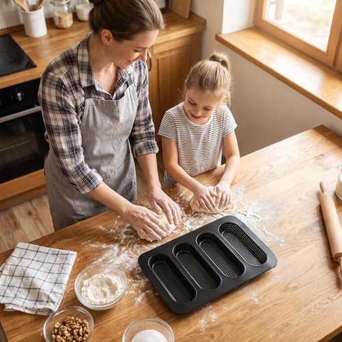 2 Pack Perforated Carbon Steel Hot Dog Bun Pan Nonstick Mini Baguette Baking Tray Black