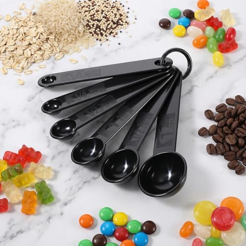 5Pcs Black Measuring Spoons Universal Easy to Read Measuring Cup and Spoon Set with Soft Grip Handle Plastic Cups and Spoons for Baking&Kitchen Hang Hole and Nesting for Easy Storage