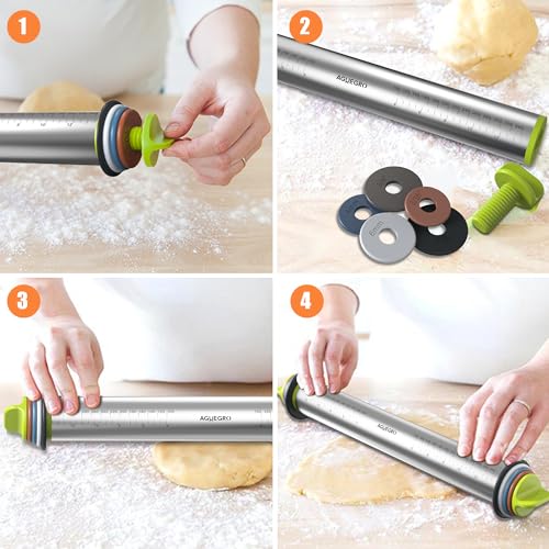 Stainless Steel Rolling Pin with 4 Thickness Rings Wooden Stand &Pastry Mat - color: Rolling Pin+Mat+Stand