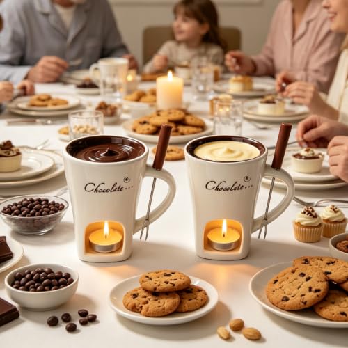 Chocolate Fondue Mug Set of 2, Ceramic Melting Cup, Candle & Fork - color: 2pcs White