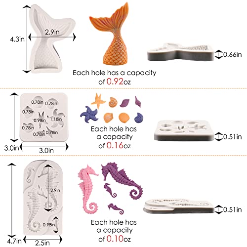 SAKOLLA Mermaid Theme Cake Fondant Mold - Seahorse Seashell Starfish Mermaid Tail Silicone Mold for Cake Decoration, Chocolate, Candy, Polymer Clay, Cupcake Decor, Sugar Craft - color: Marine Theme 3 Pcs/White