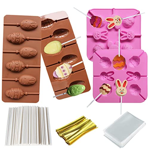 2 Pack Easter Lollipop Silicone Candy Molds Silicon chocolate Lollipop Molds 8 Cavity Bunny Egg Molds Including 80 Lollipop Sticks+100 Pcs Candy Treat Bags+100 Twist Ties (Pink) - color: Easter lollipop mold