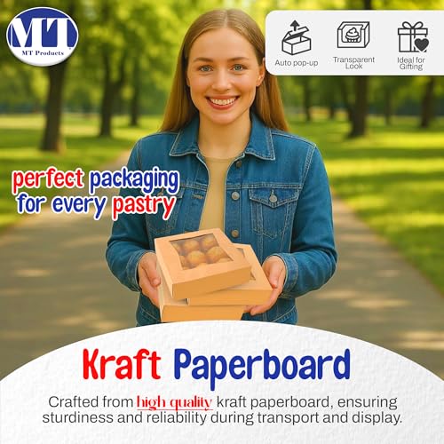 MT Products Kraft Cookie Boxes 8" x 8" x 2.5" - Auto Pop-Up Bakery Boxes with Window (Pack of 25) - Made in the USA - color: Brown