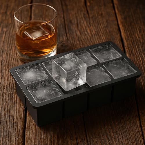 Ice Cube Molds, 2 Pack Silicone Trays for 8 Large Square Cubes - color: 2" Cube w/ cover (Black)