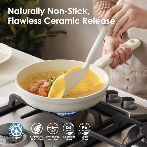 SENSARTE Ceramic Nonstick Pots and Pans Set, 17pcs Nontoxic Cookware Set - color: Creamy White