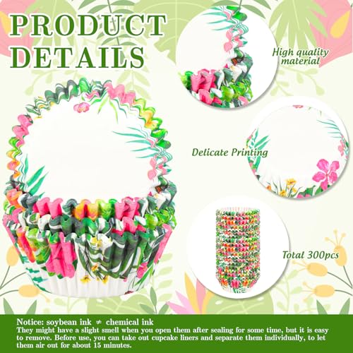 AnyDesign 300Pcs Tropical Luau Cupcake Liners Paper Baking Cups Hawaiian Palm Leaves Hibiscus Standard Muffin Cupcake Wrappers for Summer Beach Birthday Party Supplies - style: Hawaiian