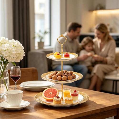 Kochorie 3 Tier Round Ceramic Cupcake Stand Gold Rim White Serving Tray - style: Round