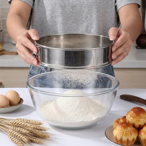 4 Pack Flour Sifter with Hanging Ring, Stainless Steel Fine Mesh Strainers, 5.9”/7.9”/10”/11.8” Round Sieve for Baking Cake Bread, 40 & 60 Mesh (Silver)