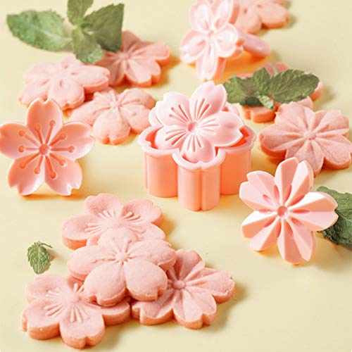 Pastry/Cookie/Fondant Stamper, 2-Inch Press Cookies Mold with 4 Stamps Pink Cherry Blossom Shape Flower Hand Pressure Pastry Tool Fondant Cutters Set for Baking