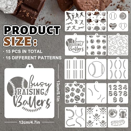 Whaline 15 Pcs Baseball Cookie Stencils Baseball Painting Stencils with Bead Chain Decorative Baking Templates for Biscuit Cake Party DIY Crafts - style: Baseball