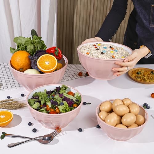 BoxedHome Mixing Bowls with Lids Set, 8 pieces Large 0.2” Thick Plastic Nesting Mixing Bowl, Microwave Safe,Size 5.92, 4.12,3.06,1.80 Quart, Pink - color: 8 PK Pink