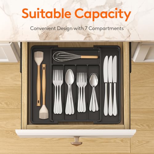 Lifewit Expandable Silverware Drawer Organizer, Kitchen Utensil Tray - color: Black, size: Medium(8-13.8''W x 11.2''D)