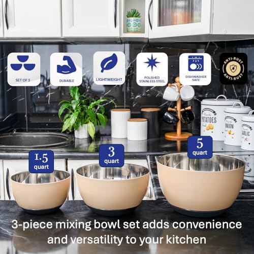 WHYSKO Stainless Steel Mixing Bowls Set, 3-Piece with Silicone Base - color: Tan