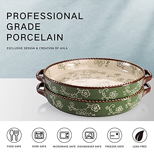 AVLA 2 Pack Ceramic Pie Pan, 9 Inch Round Baking Dish with Double Handle, 28 Ounce Deep Quiche Plates for Kitchen, Cooking, Roasting Lasagna (Sakura, Green) - color: Green