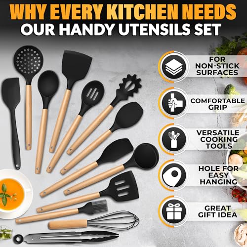 14 Pcs Kitchen Utensils Set with Holder, Beech Handles (Black)