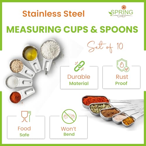 Spring Chef Stainless Steel Measuring Cups and Spoons Set of 10 w/Leveler