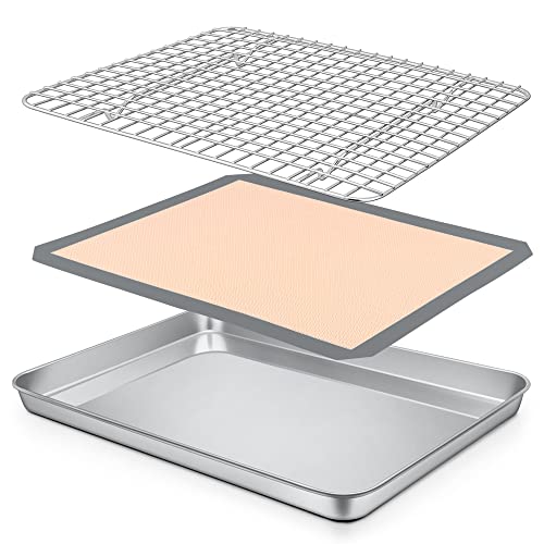 P&P CHEF 12.5 x 9.7 x 1 Inch Toaster Oven Pan Tray with Rack and Mat - 3Pcs - size: 12.5 x 9.7 x 1 Inch