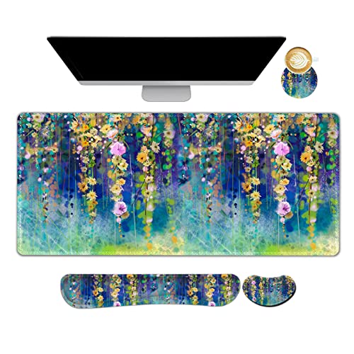 ARTSO Large Gaming Mouse Pad Set, Keyboard Wrist Rest Support + Mouse Wrist Cushion + Extended Mousepad + Coaster, 35x15.5in Multifunctional Desk Mat 4pcs, Oil Painting Flowers - color: Oil Painting Flowers