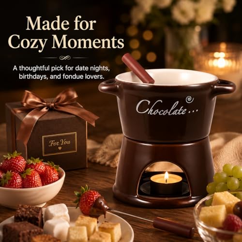 IMIKEYA Small Ceramic Fondue Pot with Fork - color: Coffee