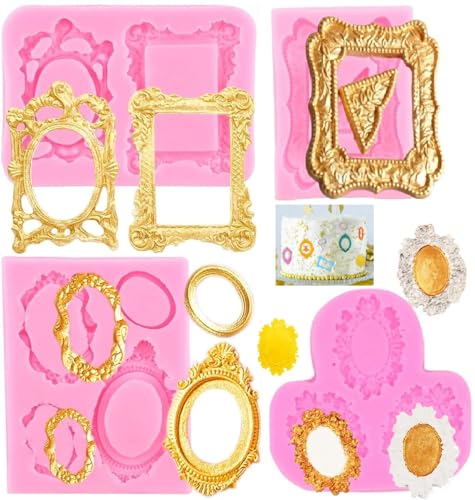 Photo Frame Fondant Molds, Picture Frames Silicone Mold Vintage Frame Chocolate Molds for Cake Pop Puck Decorating Cupcake Topper Candy Polymer Clay - style: Frame Molds