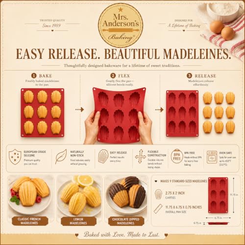 Mrs. Anderson's Baking Silicone Madeleine Cookie Pan, 9 Cup, European-Grade Silicone Bakeware, For Madeleine Cookies And Shell-Shaped Pastries - style: Madeleine