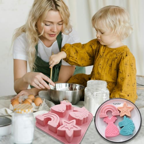 2 Pack Unicorn Molds Silicone 4 Cavity 3D Big Cartoon Themed Baking Mould Tray with Mermaid Rainbow Star for Baby Shower Birthday Party Chocolate Cake Mousse Pastry Soap Crayons Cupcake Topper - style: 4 Cavity Big Unicorn Molds