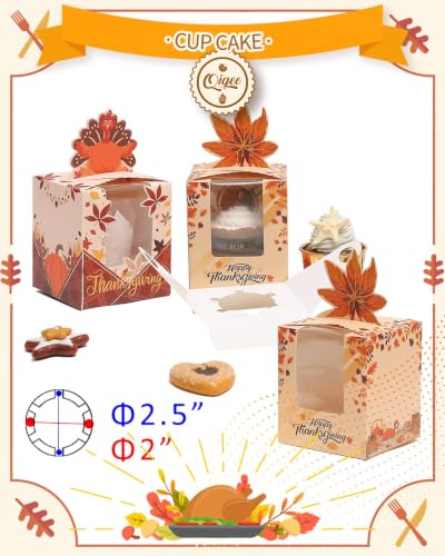 qiqee Thanksgiving Individual Cupcake Boxes Cupcake Holders Disposable 60pcs Single Cupcake Boxes with Window 3.7"x3.7"x4.5" Cupcake Containers For Thanksgiving - color: Thanksgiving, size: 60Pcs, One Holder