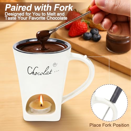 Chocolate Fondue Mug with Fork Sweet Ceramic Personal Chocolate Melting Cup Chocolate Fondue Mug Ideal Gifts for Birthday Date Night Birthday Wedding Gifts (white) - color: White