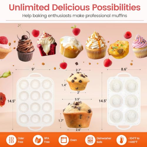 Silicone Muffin Pan with Metal Reinforced Frame - Mini Muffin Pan for Homemade Muffins, Cupcakes, and Bread, Oven and Dishwasher Safe - Set of 2, 6-Cup and 12-Cup - size: Jumbo+Standard