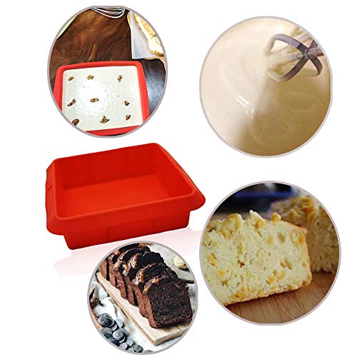 8X8inch Silicone Square Cake Baking Pan, Deep-Dish Roasting Lasagna, Silicone Baking Bakeware Brownie Pan +10 Pastry Muffin Molds Set of 11(Red)