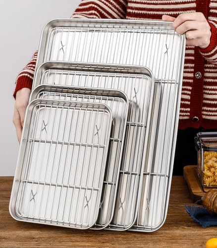 Small Deep Cookie Baking Sheet Pans with Cooling Wire Rest Racks Set 18/8 (304) Stainless Steel Tiny Serving Trays 10.4 x8.1 x1.1Inch Dishwasher Safe for 1~2 Person 2Pans & 2Racks - size: Small 10.4X8.1 Inch