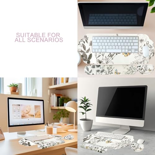 MEGREZ Large Mouse Pad&Wrist Rest Support for Mouse&Keyboard Wrist Rest, Ergonomic Memory Foam Wrist Rest, 3-in-1 Non-Slip Base Cloud Shape Desk Pad Mat for Home/Office, Butterfly and Flower