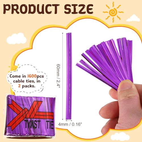 HARFINGTON 3200Pcs Bag Twist Ties 2.4" Reusable Metallic Wire Cable Ties - color: Purple