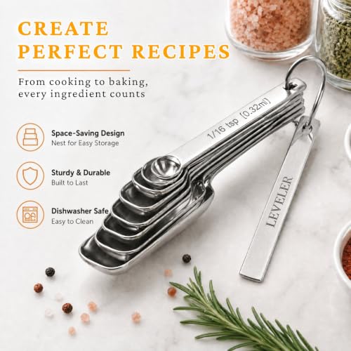 28 Pcs Stainless Steel Measuring Spoons Set with Leveler, Metal Round & Rectangular Spoons plus 2-Pack Mini Spoon Sets for Precise Cooking and Baking, Standard Sizes with Clear Engraved Markings - size: Set of 28