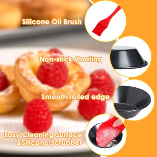 8 Pack Egg Tart Molds, Non-Stick Tartlets Dessert Mold Pans, Mini Tiny Pie Carbon Steel Muffin Tins, Cupcake Pans w/Oil & Dish Brushes for Cakes, Cookies, Quiche - color: Black 3-inch 8 Pcs