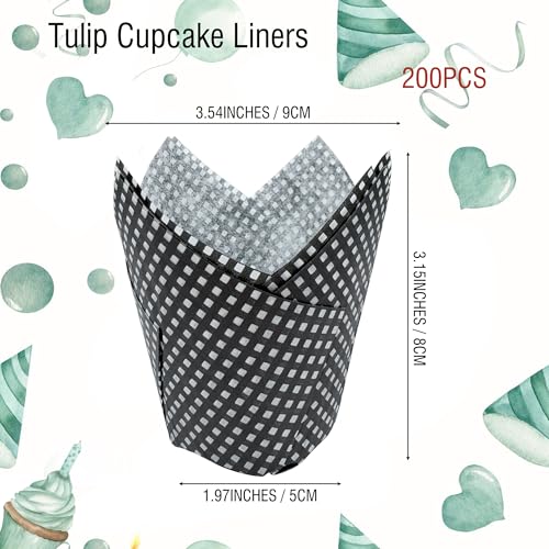 200 Pcs Grid Tulip Cupcake Liners Black Greaseproof Baking Cups - color: Grid