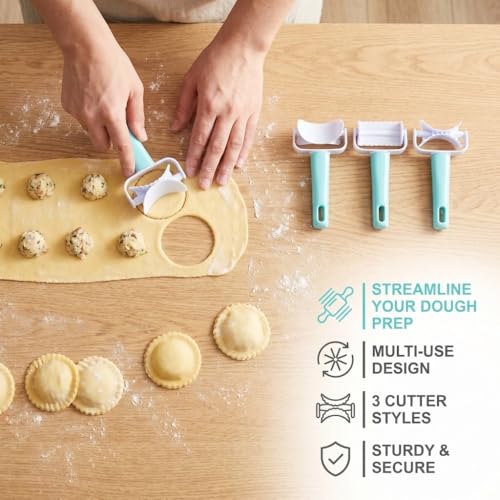 Roller Set – For Wonton Biscuits Cookie & Dumpling Making, Food-Safe Plastic Baking Tool with Square, Circle & Crimped Edge Designs 6.3x2.95 in