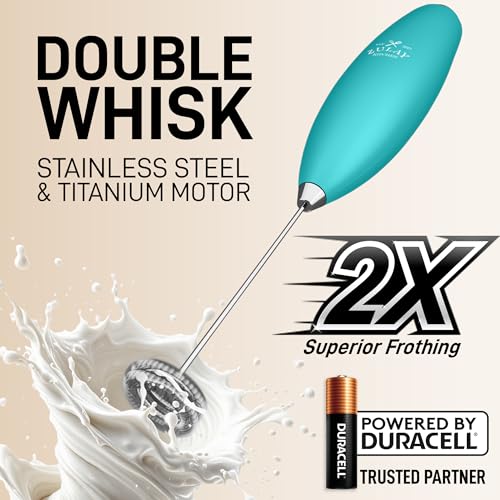 Zulay Kitchen Powerful Milk Frother Wand With Duracell Batteries - Ultra Fast Handheld Drink Mixer - Electric Whisk Foam Maker for Coffee, Lattes, Cappuccino & Matcha - Double Whisk - Caribbean Aqua - color: Turquoise Caribbean, size: Double Whisk + Batte