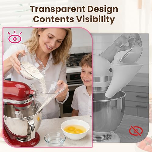 LUVCOSY Transparent Flour Funnel for KitchenAid Stand Mixer | See-Through Flour Funnel for Mess-Free Pouring | Design for Clear Visibility | Dishwasher Safe | Baking Gift for Mother's Day