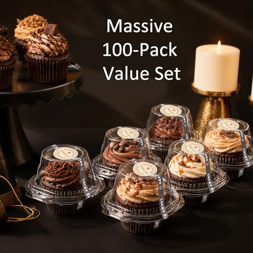 100 Pack Individual Cupcake Containers with 2 Type Stickers, Cupcake Boxes