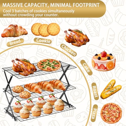 3-Tier Stackable Cooling Rack for Baking, Collapsible Wire Cookie Rack with Adjustable Heights, Non-Stick Roasting & Drying Rack for Cupcakes, Pies and Pastries, Space-Saving Kitchen Essential - size: 3 Tiers