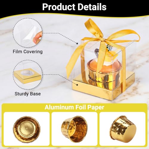 EUSOAR Cupcake Boxes with Gold Cupcake Liners, 24pcs 3.5 Inch Individual Cupcakes Containers and 50pcs 3.5oz Baking Cup, Disposable Dessert Pastry Cupcakes Holder for Wedding Party Favor Bakery - color: Gold