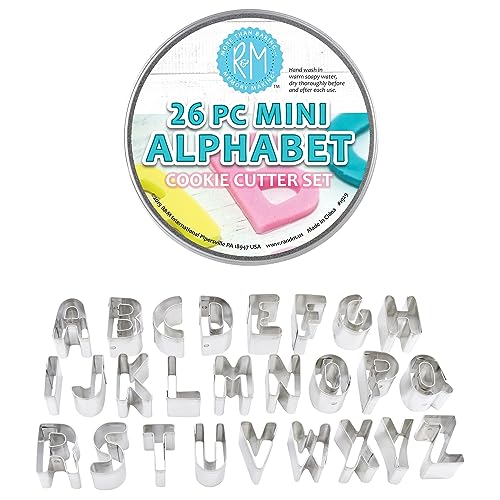 R&M Mini Alphabet 26-Piece Cookie Cutter Set – 1" A-Z Steel Letter Cutters in Storage Tin for Cookies, Crafts, & Fondant - size: 1" Size, style: Alphabet