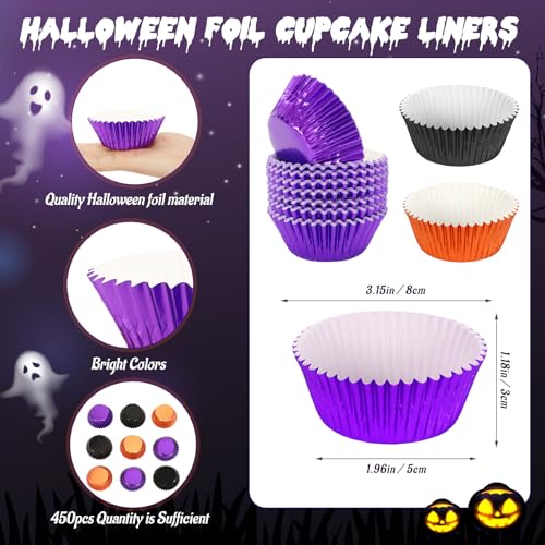 SANNIX 450Pcs Halloween Foil Cupcake Liners Muffin Liners Baking Cups - color: Black Purple Orange
